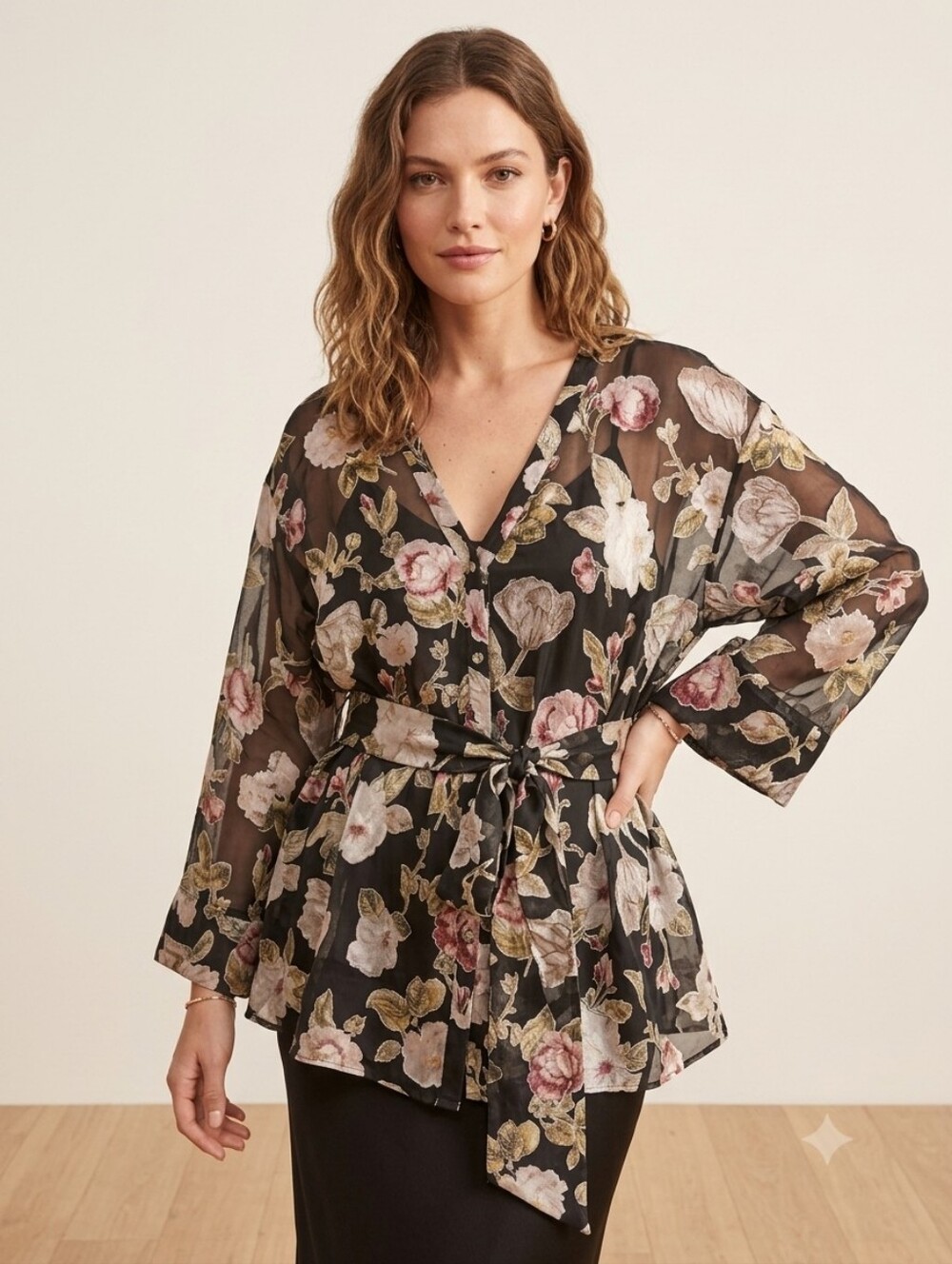 Alice + Olivia Rosario Silk Blend Floral Tunic Blouse V Neck Tie Waist Sheer M